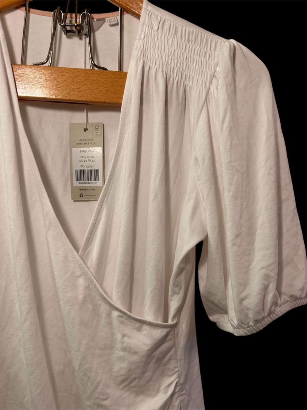Women's Boden Short Sleeve White Mock Wrap V-Neck Blouse Size 10